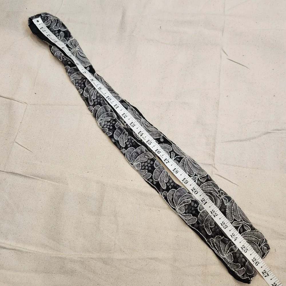 Vintage Black Silver Beaded Lace Sash Belt Bridal Dress Accessory 54